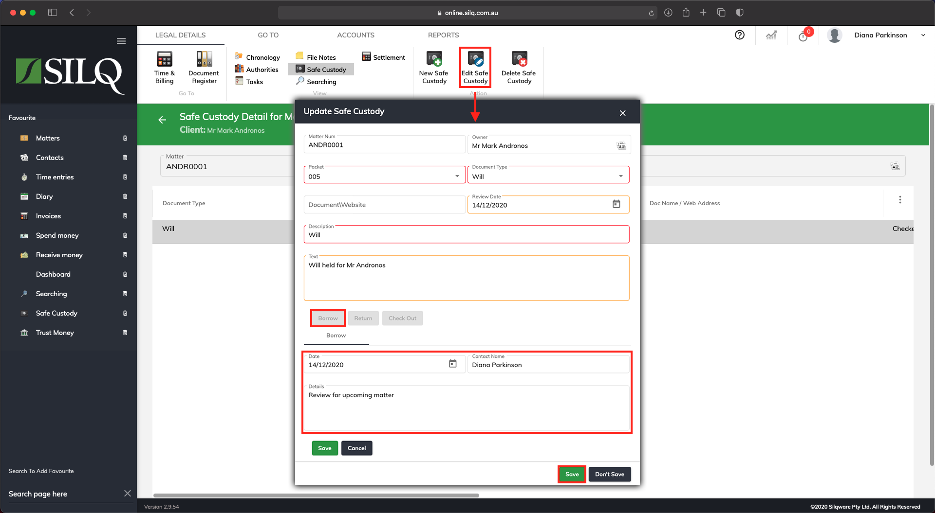 Borrowing and Returning a Safe Custody item